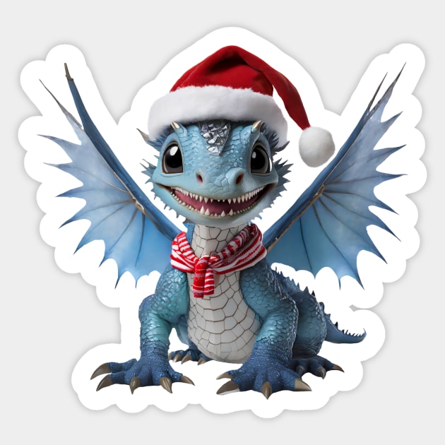 Realistic Artwork of a Cute Blue Baby Dragon Wearing a Red Santa Christmas Hat Sticker by Cuteopia Gallery